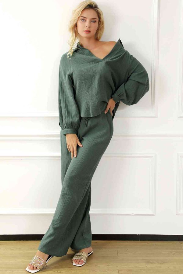 Hazel Blues® |  Collared Neck Top and Drawstring Pants Set For Cheap - Image 4