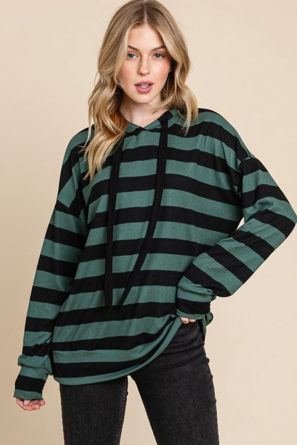 Hazel Blues® |  BOMBOM Drawstring Striped Dropped Shoulder Hoodie Online Sale