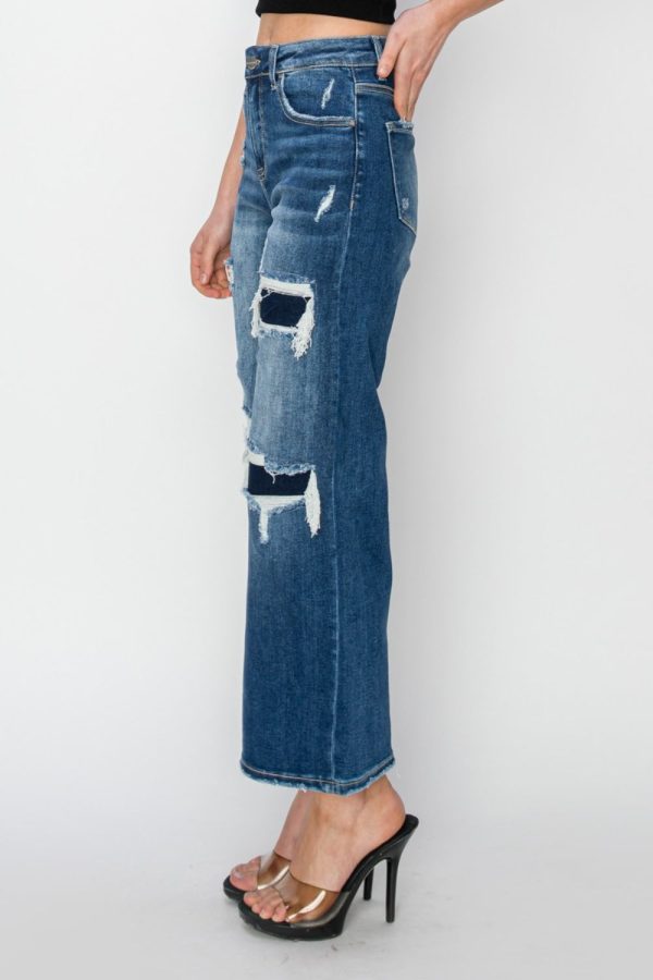 Hazel Blues® |  Risen High Rise Patch Detailed Wide Leg Crop Jeans Online Hot Sale - Image 3
