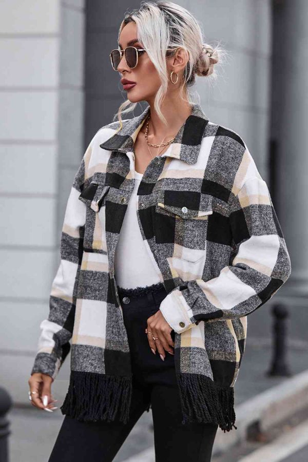 Hazel Blues® |  Plaid Collared Neck Snap Front Jacket For Sale - Image 4