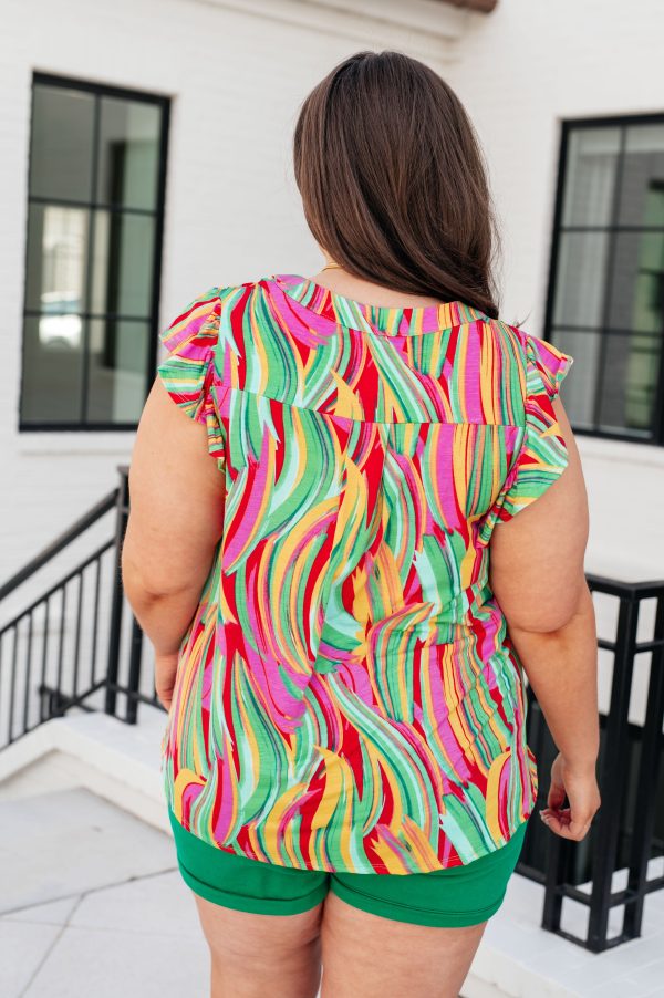 Hazel Blues® |  Lizzy Flutter Sleeve Top in Green Multi Abstract Stripe Supply - Image 5