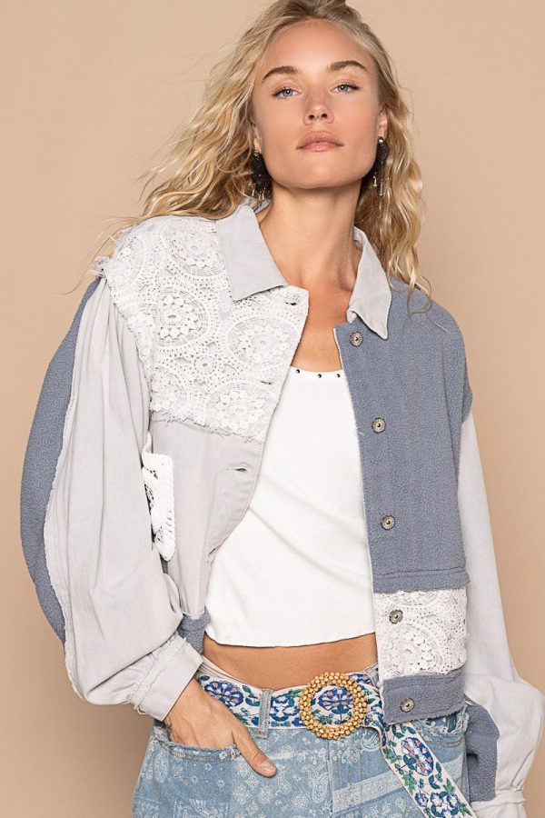 Hazel Blues® |  POL Crochet Patch Exposed Seam Button Up Jacket on Sale