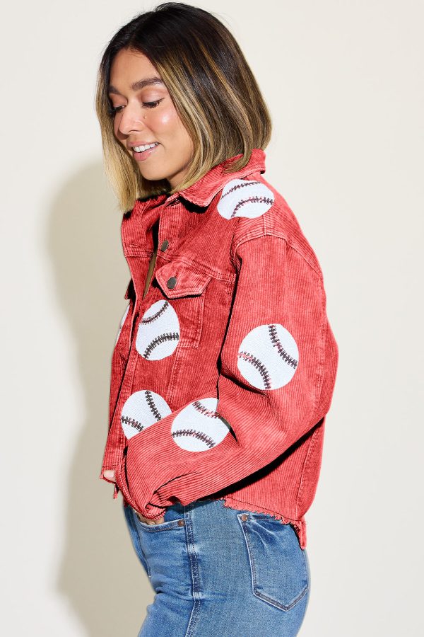 Hazel Blues® |  Baseball Sequin Dropped Shoulder Raw Hem Jacket For Sale - Image 2