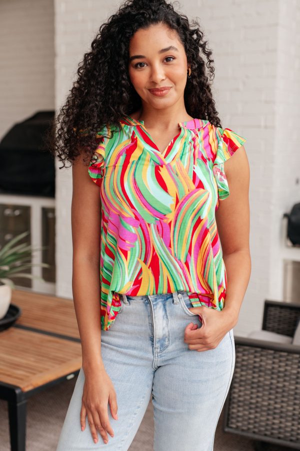 Hazel Blues® |  Lizzy Flutter Sleeve Top in Green Multi Abstract Stripe Supply