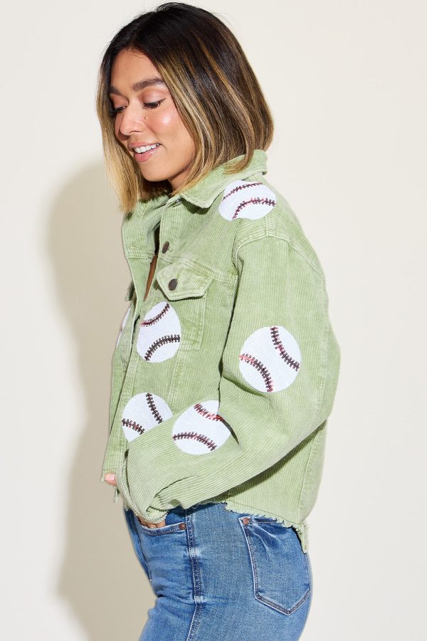 Hazel Blues® |  Baseball Sequin Dropped Shoulder Raw Hem Jacket For Sale - Image 5