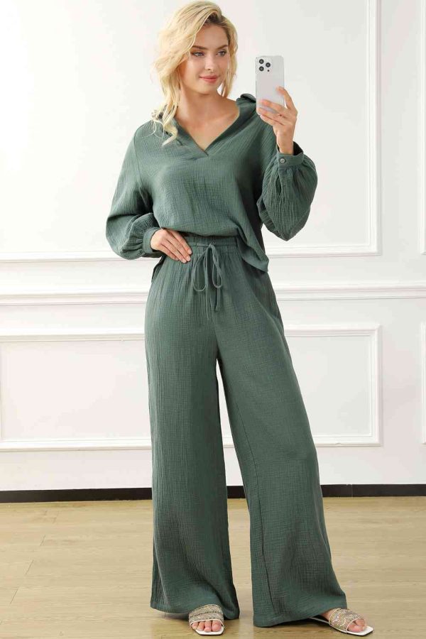 Hazel Blues® |  Collared Neck Top and Drawstring Pants Set For Cheap - Image 3