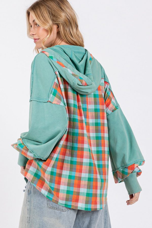Hazel Blues® |  SAGE + FIG Plaid Print Washed Hoodie For Discount - Image 2