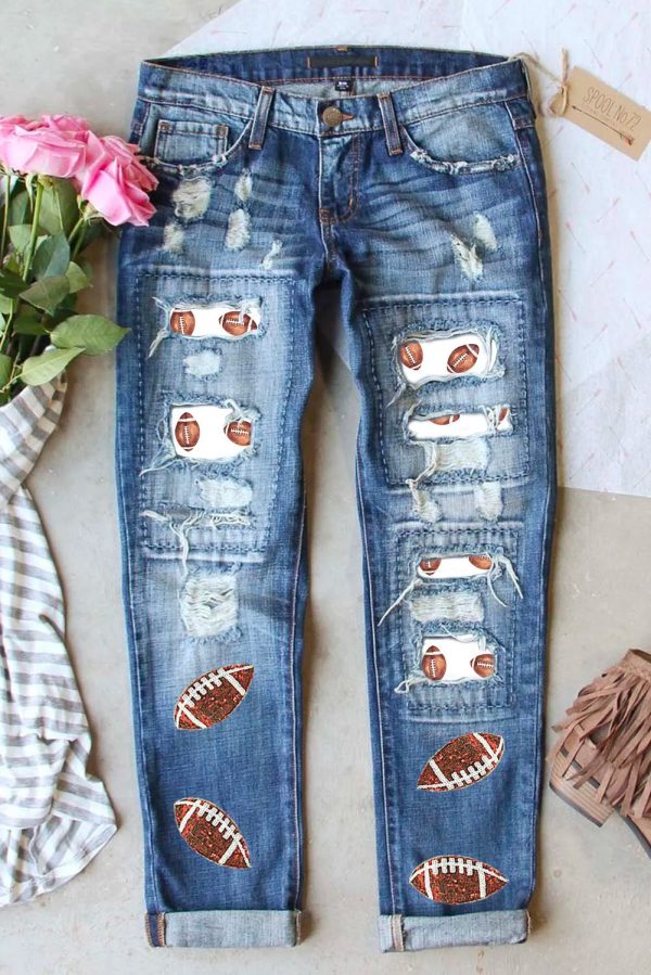 Hazel Blues® |  Distressed Football Straight Jeans For Cheap