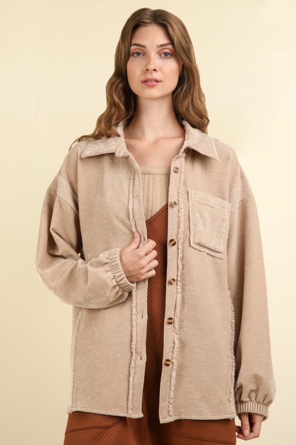 Hazel Blues® |  VERY J Mixed Media Button Down Raw Hem Shacket Hot on Sale