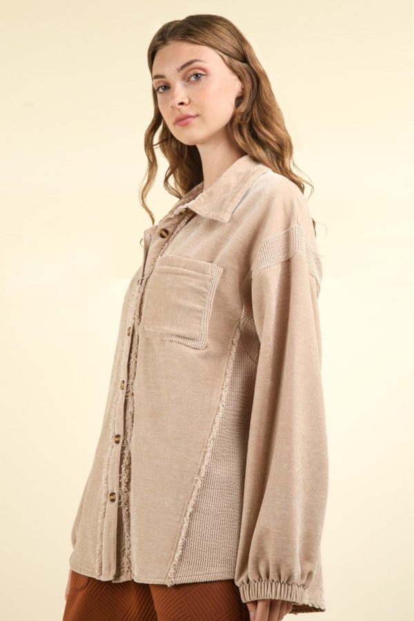 Hazel Blues® |  VERY J Mixed Media Button Down Raw Hem Shacket Hot on Sale - Image 3