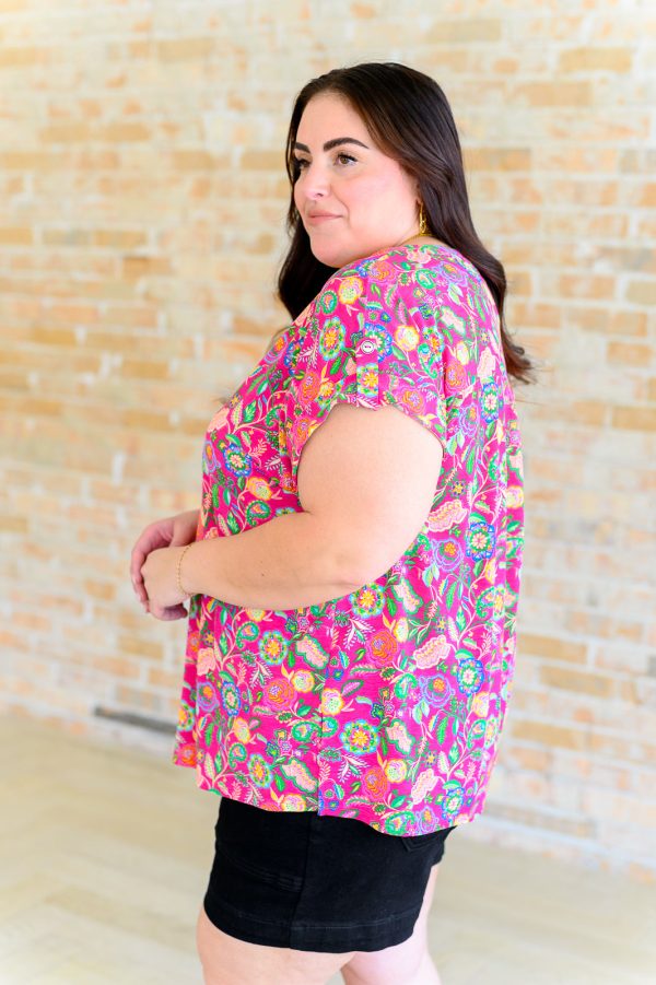Hazel Blues® |  Lizzy Cap Sleeve Top in Fuchsia and Green Floral Paisley Discount - Image 5