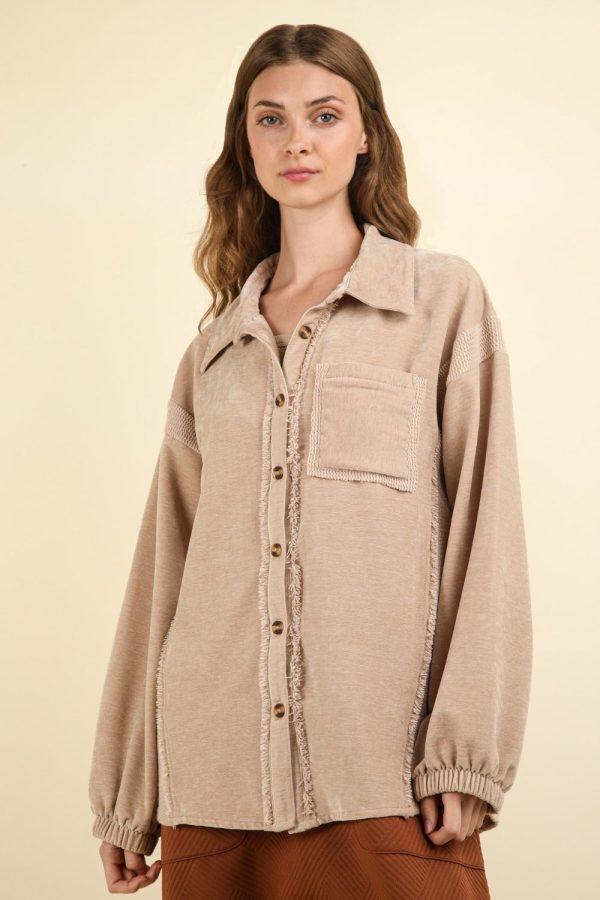 Hazel Blues® |  VERY J Mixed Media Button Down Raw Hem Shacket Hot on Sale - Image 4
