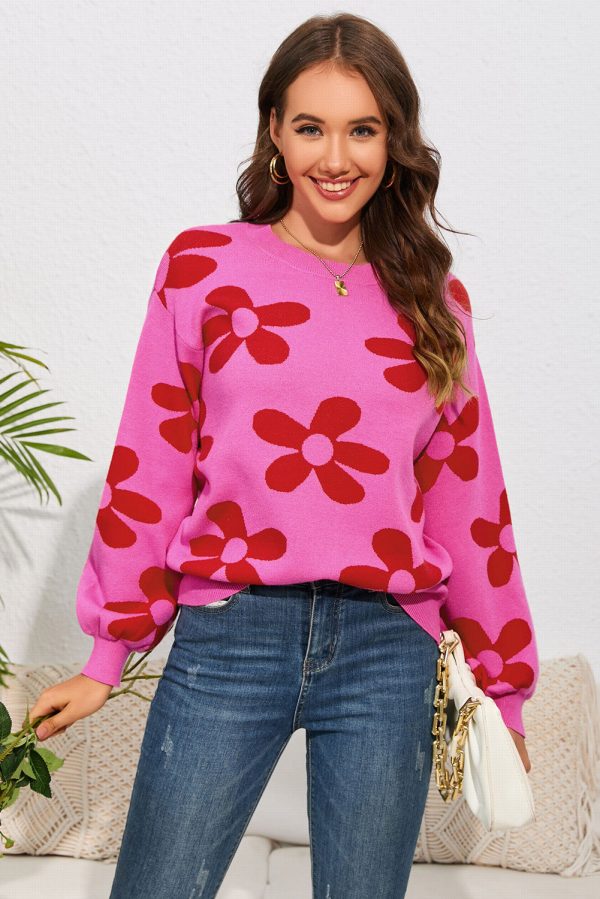 Hazel Blues® |  Floral Print Round Neck Dropped Shoulder Sweater Cheap