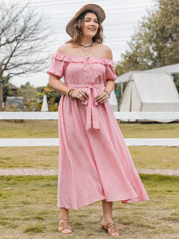 Hazel Blues® | Plaid Off-Shoulder Short Sleeve Midi Dress on Sale