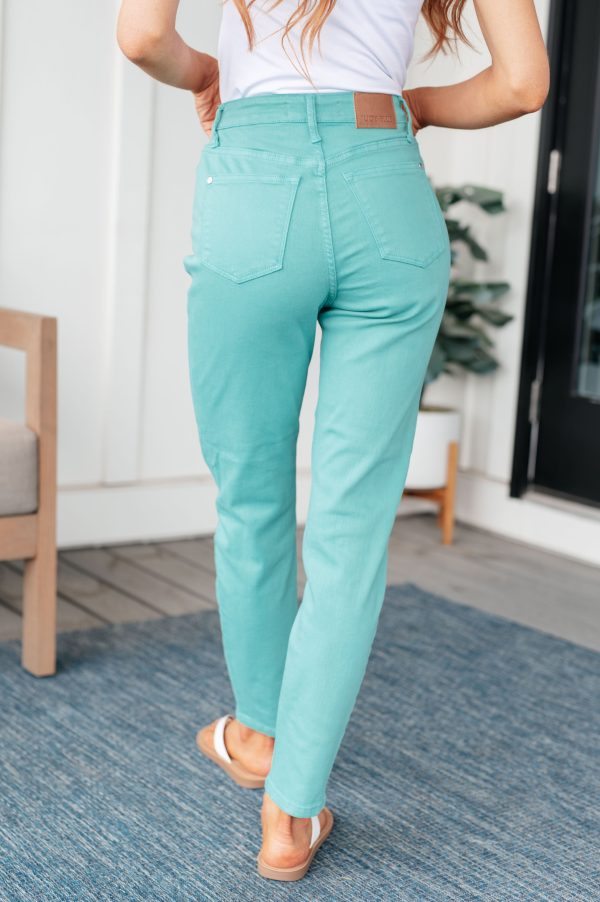 Hazel Blues® |  Bridgette High Rise Garment Dyed Slim Jeans in Aquamarine Hot on Sale - Image 4