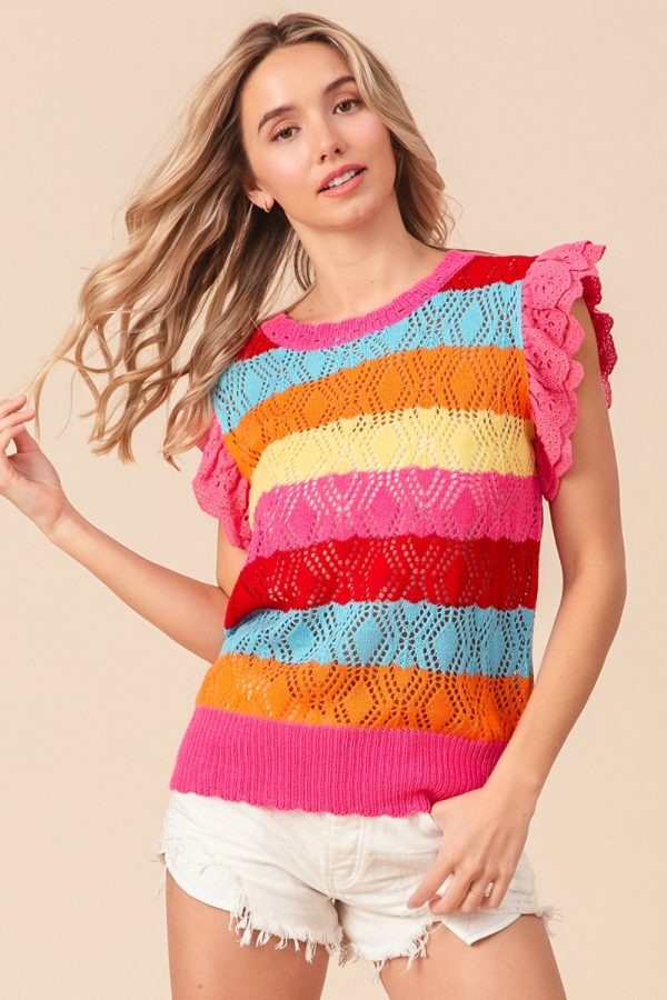 Hazel Blues® |  BiBi Pointelle Striped Ruffled Knit Top Cheap - Image 3