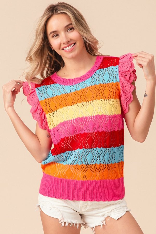 Hazel Blues® |  BiBi Pointelle Striped Ruffled Knit Top Cheap