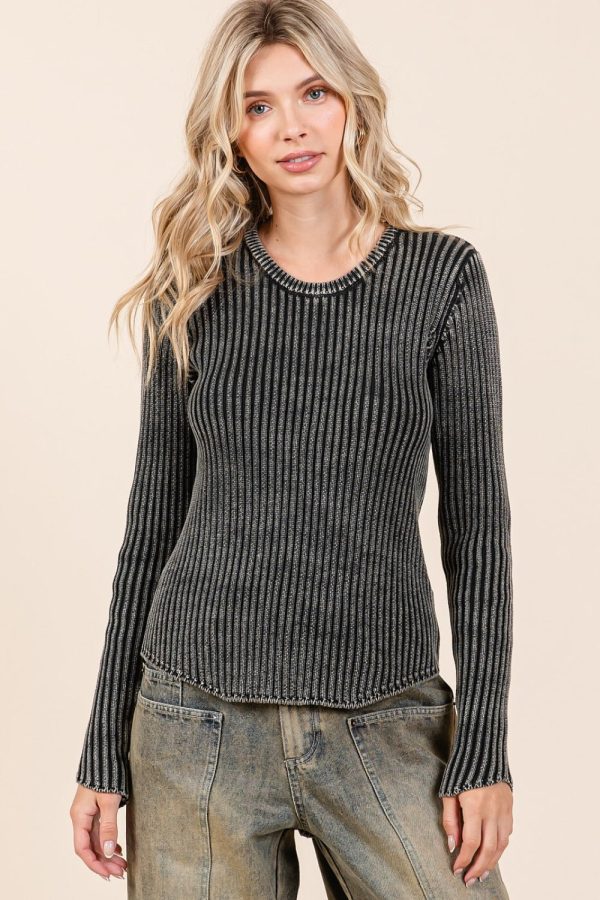 Hazel Blues® |  Mittoshop Mineral Wash Fitted Long Sleeve Rib Knit Top Sale - Image 4