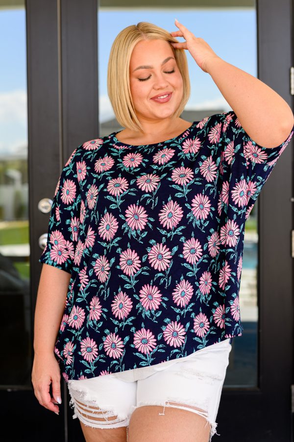 Hazel Blues® |  Essential Blouse in Navy and Pink Daisies Supply