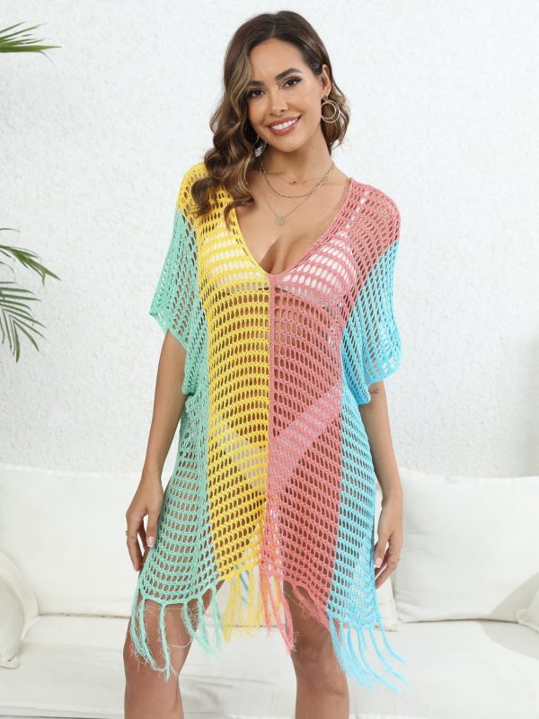 Hazel Blues® |  Fringe Color Block Scoop Neck Cover Up For Sale - Image 3