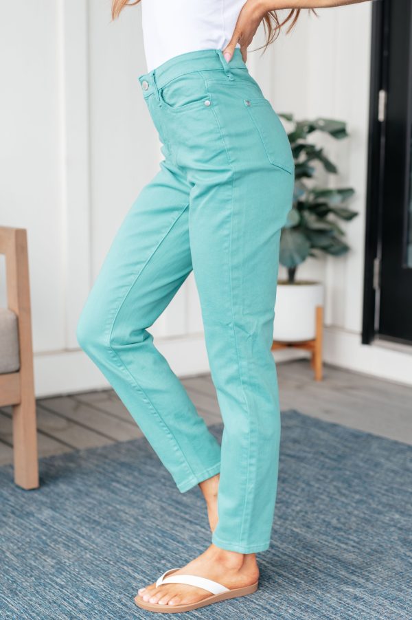 Hazel Blues® |  Bridgette High Rise Garment Dyed Slim Jeans in Aquamarine Hot on Sale - Image 3