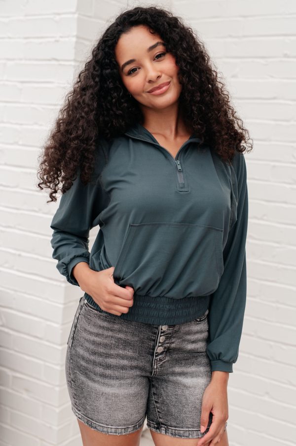 Hazel Blues® |  Morning Run Half Zip Hoodie in Smoked Spruce Cheap