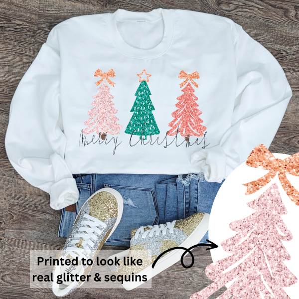 Hazel Blues® |  Christmas Trees Faux Glitter Graphic Sweatshirt Supply - Image 2