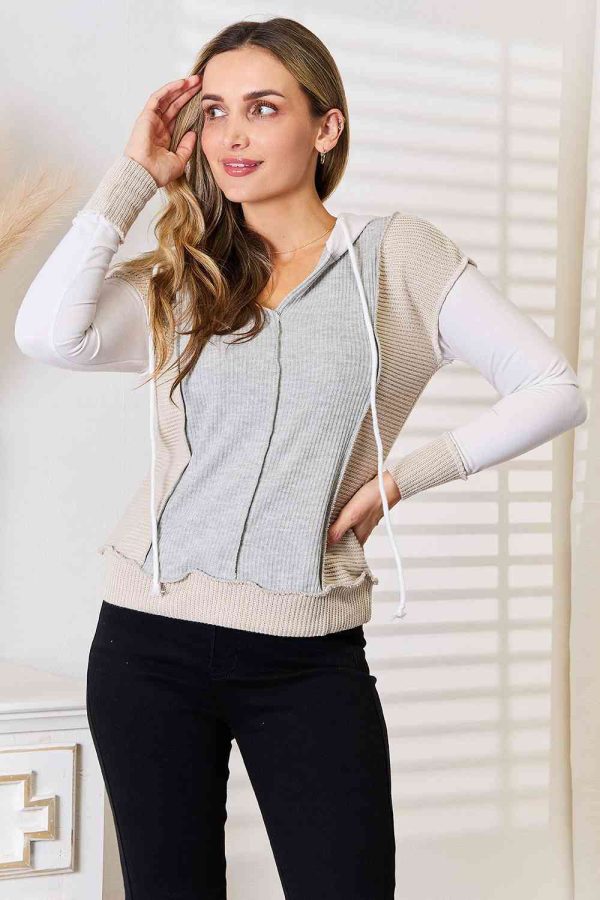 Double Take Color Block Exposed Seam Drawstring Hoodie, Also in Plus sizes Sale