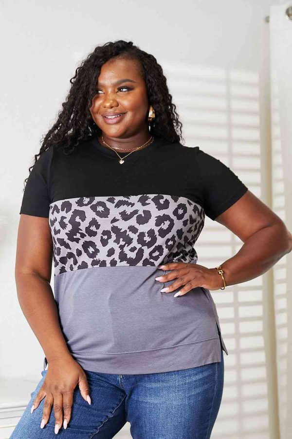 Double Take Leopard Print Color Block Short Sleeve T-Shirt, Also Plus sizes Online Sale - Image 4
