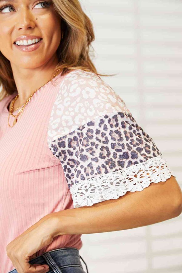 Double Take Leopard Lace Trim Ribbed Round Neck Top Discount - Image 4